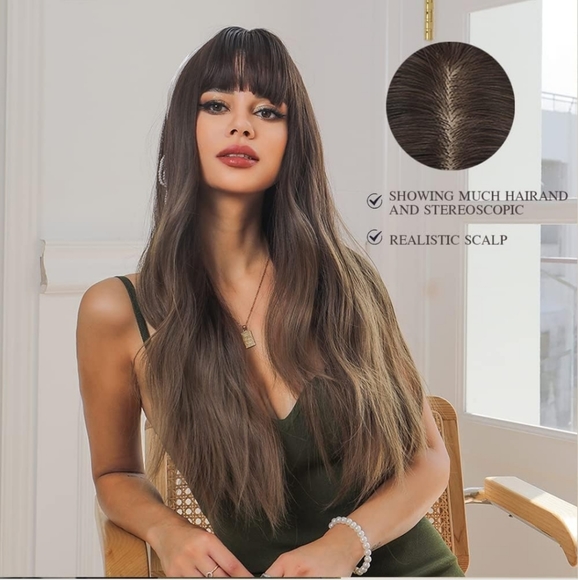 24 Inches Long Wavy Wig with Bangs ombre Brown - Picture 2 of 3